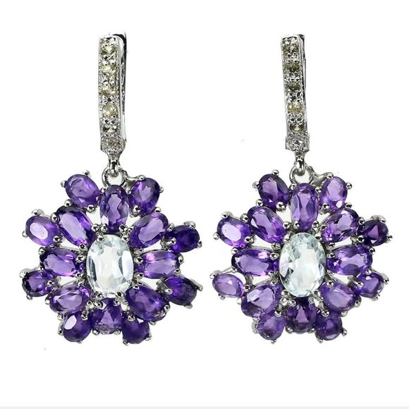Natural Unheated‎ Aquamarine, Amethyst, Sapphire 925 Sterling Silver Earrings - Picture 7 of 8